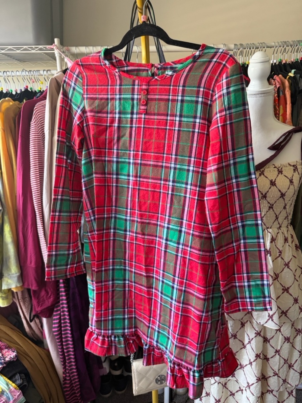 Red Green Plaid Button-Neck Ruffle dress size 14/16 girls - Picture 2 of 6